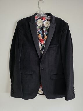 PAISLEY & GRAY | Men Black Velvet Floral Lining Slim Fit Blazer Jacket 40R
